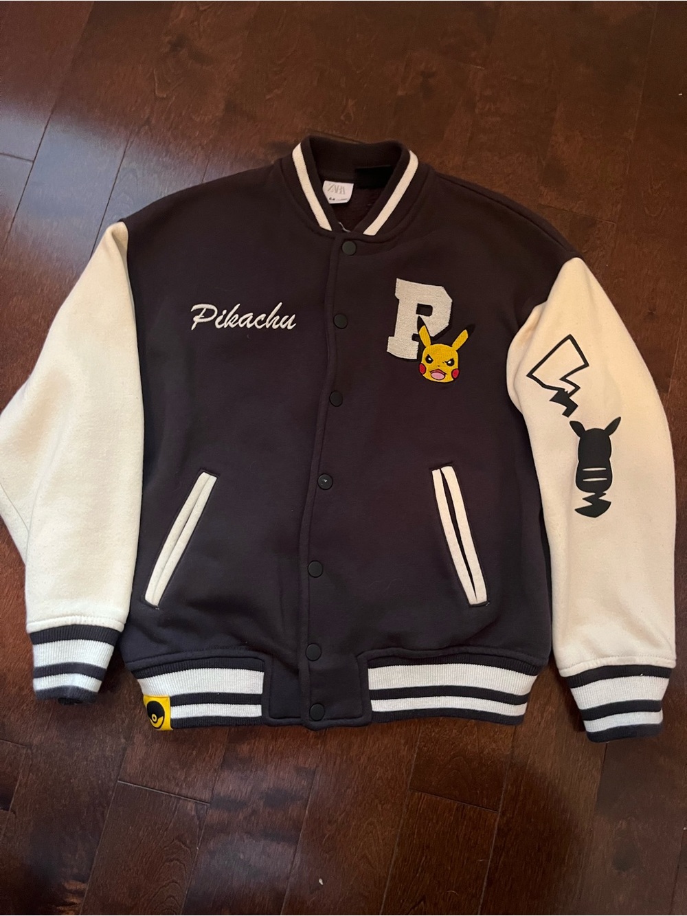 Pikachu Embroidered Dark Grey & Cream Kids Varsity Bomber Jacket